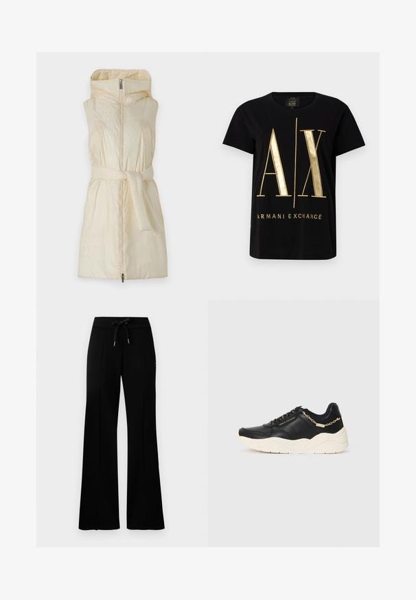 Podložena brezrokavnica v svetli kremni barvi z visokim ovratnikom, zadrgo in tkanim pasom v pasu; vsebuje subtilne embosirane vzorce.; Črna bombažna majica s kratkimi rokavi, ki prikazuje izrazit zlat logo "A/X" in besedilo "ARMANI EXCHANGE", okroglo izreza, gladka tekstura.; Črne široke trenirke z elastičnim pasom na vrvico, stranskimi razporki, mehkega materiala in elegantnim dizajnom.; Črne usnjene teniske z debelim kremnim podplatom, zlatim verižnim detajlom in črnimi vezalkami. Gladka tekstura s sledečim logotipom na strani.