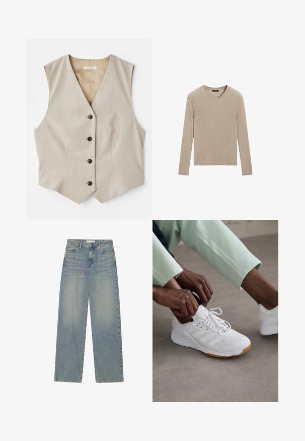 Beżowa kamizelka z teksturowanej tkaniny, dekolt w serek i pięć ciemnych guzików. Posiada prosty krój hemu i brak rękawów, co nadaje jej elegancki wygląd.; Massimo Dutti - Sweter; Jasnoniebieskie dżinsy z wysokim stanem, prostymi nogawkami, przednimi kieszeniami, szlufkami na pasek oraz widocznym zapięciem na guzik i zamek błyskawiczny.; Białe buty sportowe z siateczkową cholewką, gumową podeszwą i wzorem w trzy paski. Sznurowadła są regulowane; widoczne jasnoszare i miętowe ubrania.