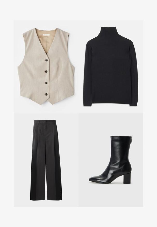 Béžová vesta z textúrovanej tkaniny, s výstrihom do v a piatimi tmavými gombíkmi. Má priamy strih, bez rukávov pre štýlový vzhľad.; Čierny rolák z mäkkej tkaniny. Má dlhé rukávy, vysoký golier a rebrované manžety a lem pre priliehavý vzhľad.; Čierne široké nohavice s vysokým pásom, so záhybmi vpredu, hladkou textúrou a prispôsobeným strihom. Navrhnuté pre uvoľnený strih.; Čierne kožené členkové topánky s špicatou špičkou a blokovým podpätkom vysokým 4 cm. Elegantný dizajn obsahuje bočný zips pre jednoduché obúvanie. Hladká textúra.