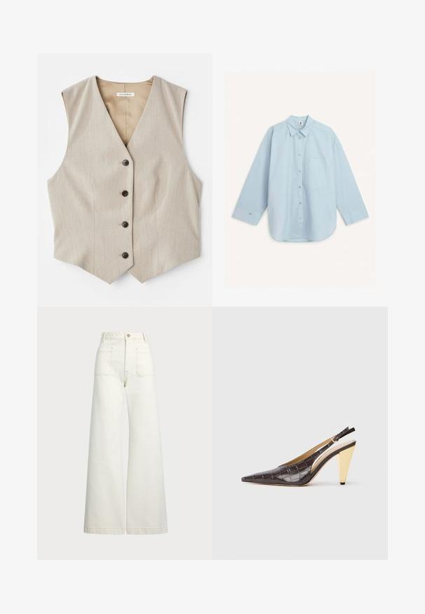 Bež prsluk s teksturiranom tkaninom, v-izrezom i pet tamnih dugmadi. Ima ravno istraženo rub i bez rukava za prilagođeni izgled.; By Malene Birger DERRIS - Bluza s gumbima - light blue; Široke traperice u boji krem-paleža. Visoki struk s kopčanjem na dugme, dva prednja džepa i kontrastni šavovi.; Cipele s potpeticom i otvorenim stražnjim dijelom, u tamnosmeđoj sjajnoj umjetnoj koži krokodila. Sadrže zlatnu geometrijsku potpeticu i prilagodljivu naramenicu.