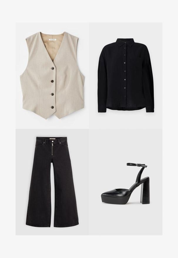 Beżowa kamizelka z teksturowanej tkaniny, dekolt w serek i pięć ciemnych guzików. Posiada prosty krój hemu i brak rękawów, co nadaje jej elegancki wygląd.; Czarna koszula z długim rękawem, wykonana z lekkiego materiału, z punktowym kołnierzykiem, zapięciem na guziki, pojedynczą kieszenią na klatce piersiowej i luźnym krojem.; Jeans o szerokich nogawkach w czarnym denienie z zamkiem błyskawicznym z przodu, pięcioma kieszeniami i subtelnymi detalami przeszycia. Gładka tekstura i swobodny styl.; Czarne platformy na wysokim obcasie z szpiczastym noskiem i regulowanym paskiem na kostkę. Wykonane z gładkiej skóry, z grubym słupkowym obcasem.