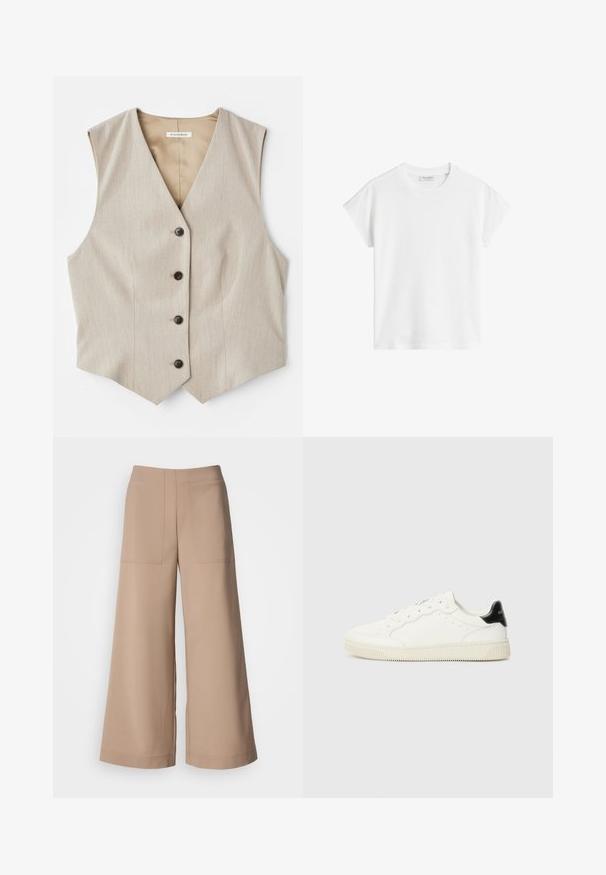 Béžový vest s texturovanou tkaninou, výstřihem do V a pěti tmavými knoflíky. Má rovný lem a nemá rukávy, což mu dodává upravený vzhled.; Bílý krátký rukávový tričko vyrobené z bavlny. Má volný střih s kulatým výstřihem a mírně posunutými ramenními švy. Bez vzorů nebo akcentů.; Kalhoty s širokými nohavicemi vyrobené z lehké béžové tkaniny. Obsahují dvě přední našité kapsy, plochý pas a hladkou texturu s upraveným zakončením.; Bílé kožené tenisky s kulatými špičkami, šněrováním vpředu, perforovanými detaily a černým akcentem na patě. Texturovaná gumová podešev.