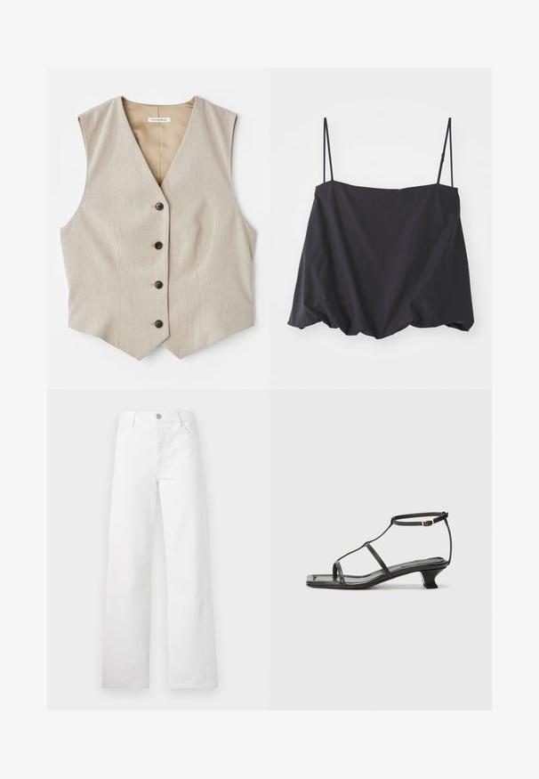 Beige vest with a textured fabric, v-neckline, and five dark buttons. Features straight cut hem and no sleeves for a tailored look.; Black sleeveless top with thin straps, loose fit, and gathered hem. Made of lightweight fabric with a smooth texture.; White wide-leg jeans made from cotton denim. Features a button and zip fly, classic front pockets, and a clean, unembellished design.; Black leather sandal with a square toe, thin straps, adjustable ankle strap, and a low heel. Features a small gold accent on the strap.