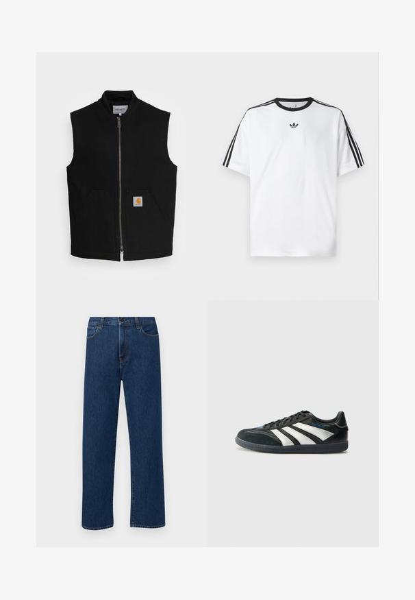 Carhartt WIP VEST DEARBORN - Veste - black rigid; Baltā T-krekla izgatavots no kokvilnas, ar melnu apaļu kakla izgriezumu un trim melnām svītrām uz katra pleca. Mazs melns logo uz krūtīm.; Tumši zilas taisnas kājas denim bikses ar priekšējām kabatām un pogu aizdari, izvietotas uz vienkārša baltā fona.; adidas Performance PREDATOR FREESTYLE JUDE INDOOR FOOTBALL SHOES - Futbola apavi iekštelpām - core black/silver-coloured/glory blue