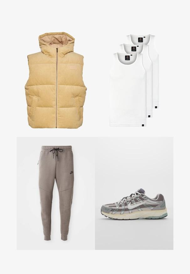 Geltona korduroy pūkinė liemenė su kapuce, turinti priekinį užtrauktuką, šonines kišenes ir siuvinėtą, tekstūruotą raštą.; Trys balti, dryžuoti marškiniai be rankovių, pagaminti iš medvilnės. Yra apvalus kaklas ir maži juodi etiketės netoli siūlės. Siūlomi įvairių dydžių.; Pilkos Nike kelnės su raišteliu liemenyje, siaurėjančiomis kojomis, šoninėmis kišenėmis ir išskirtiniais siūlų detalėmis. Minkšta, tekstūruota medžiaga.; Pilkas sportinis batas su tinklu ir zomšos viršutine dalimi, baltomis detalėmis, paminkštintu padu ir išskirtiniu dizainu su atspindinčiais elementais.