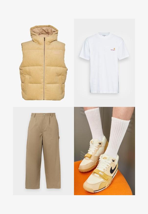 Gul kordflams puffärmed med huva, med dragkedja fram, sidofickor och ett kviltat, strukturerat mönster.; Vit bomullströja med korta ärmar. Designad med en liten orange och vinröd logotyp på vänster bröst. Har en klassisk rund halsringning.; Beige vida byxor i bomullsblandning, med hög midja, framveck, och två sidofickor med knappstängning.; Nike träningsskor i beige och krämfärgad läder, med en svart swoosh, vita snören, ett kardborreband och en texturerad gummisula.