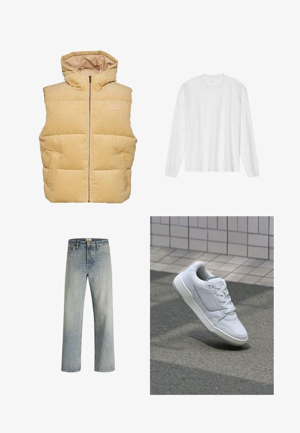 Rumena kordurojska puffer brezrokavnik s kapuco, z zadrgo spredaj, stranskimi žepi in prešitim, teksturiranim vzorcem.; Bela dolgo rokavna bombažna majica z okroglim izrezom, z rebrastimi manšetami in ravnim robom, gladke teksture in minimalističnega dizajna.; Svetlo modri traper hlače z ravnim krojem, visokim pasom in subtilnim zbledelostjo. Imajo pet žepov in tradicionalno gumbasto zadrgo.; Bela usnjena superga s perforiranimi stranicami, teksturiranimi detajli, ravnimi vezalkami in kontrastno sivo peto. Ima rahlo dvignjen podplat.