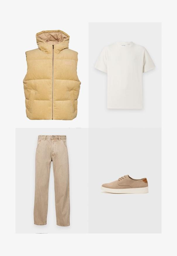 Yellow corduroy puffer vest with a hood, featuring a front zipper, side pockets, and a quilted, textured pattern.; White short-sleeve T-shirt in a ribbed texture. Round neckline, relaxed fit, no visible patterns or accents. Simple and versatile design.; Beige denim jeans with a straight leg design, featuring front pockets, a metal button closure, and subtle texture.; Beige suede sneakers with a rounded toe, lace-up front, and a textured back accent. White rubber sole provides contrast. Simple and modern design.