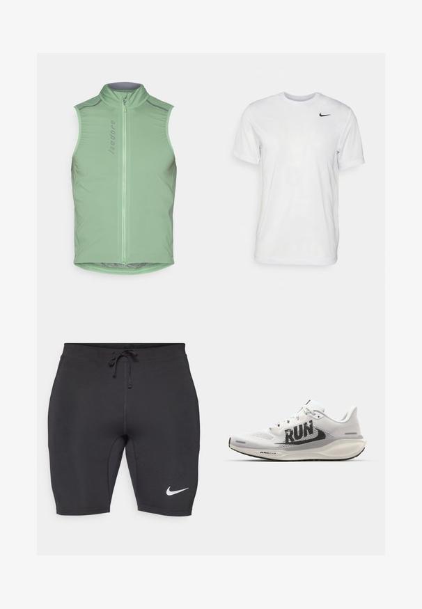 Ärmlös cykelväst i ljusgrön, med hög krage och främre dragkedja. Har reflexdetaljer och en åtsittande design. Slät, lättvikts tyg.; Vit t-shirt med kort ärm i mjukt tyg. Har en rund hals och en liten svart Nike-logotyp på vänster bröst.; Svarta sportshorts i stretchigt material, med dragsko i midjan och en vit Nike-logotyp på den nedre vänstra sidan.; Vit löparsko med mesh-övre, stort svart "RUN"-grafik, ljusgrå detaljer och en dämpad sula med "AIR 200M"-logotyp.