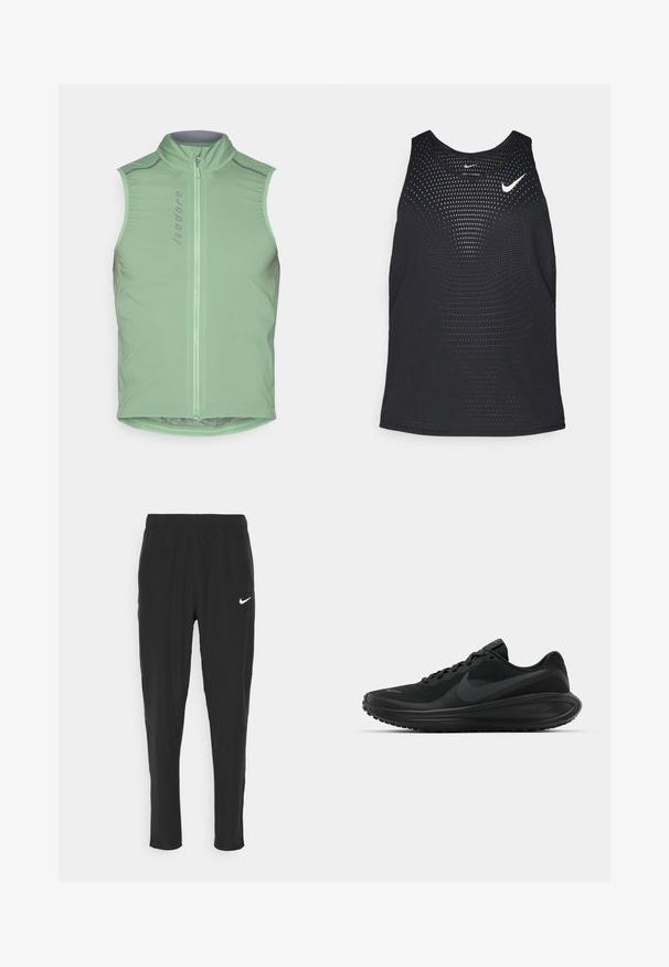Chaleco de ciclismo sin mangas en verde claro, con un cuello alto y cremallera frontal. Presenta detalles reflectantes y un diseño ajustado. Tejido suave y ligero.; Camiseta sin mangas deportiva negra con textura perforada y escote redondeado. Presenta un logo de Nike en blanco en el pecho.; Pantalones deportivos negros hechos de una tela liviana, con una cintura elástica y un logo de Nike en blanco en el muslo izquierdo.; Zapatillas deportivas negras con parte superior de malla texturizada, diseño de cordones, suela gruesa y prominente logotipo de Nike en negro en el costado.