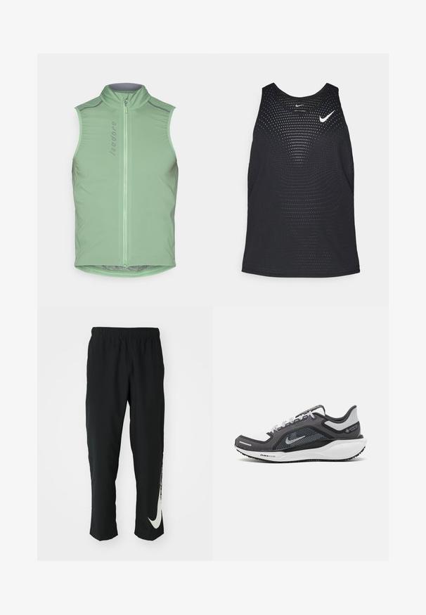 Vesta de ciclism fără mâneci, de culoare verde deschis, cu guler înalt și fermoar frontal. Dispune de accente reflective și un design ajustat. Material neted și ușor.; Tricou sport negru din material elastic, cu textură perforată și decolteu rotunjit. Are un logo Nike alb pe piept.; Pantaloni sport negri cu talie elastică, design conic, având un mare logo alb Nike pe piciorul stâng. Material moale, ușor.; Încălțăminte sport neagră și gri, cu partea superioară din plasă, accente reflectorizante și o talpă intermediară albă. Dispune de o talpă din cauciuc texturat și șireturi.