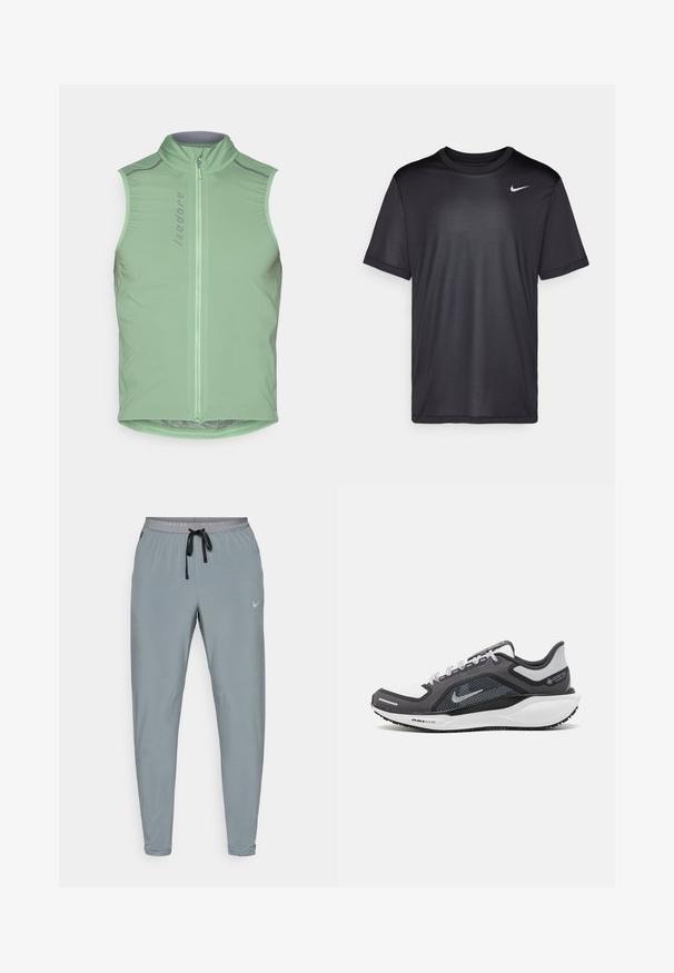 Gilet da ciclismo senza maniche di colore verde chiaro, con colletto alto e zip frontale. Presenta accenti riflettenti e un design aderente. Tessuto liscio e leggero.; Maglietta atletica nera a maniche corte, con collo rotondo, realizzata in tessuto liscio. Presenta un piccolo logo Nike bianco sulla parte superiore sinistra.; Pantaloni sportivi grigi con vestibilità slim, vita elasticizzata, cordoncino e delicato logo Nike. Realizzati in un tessuto leggero e liscio.; Scarpa da ginnastica nera e grigia con tomaia in rete, dettagli riflettenti e intersuola bianca. Presenta una suola in gomma testurizzata e lacci.