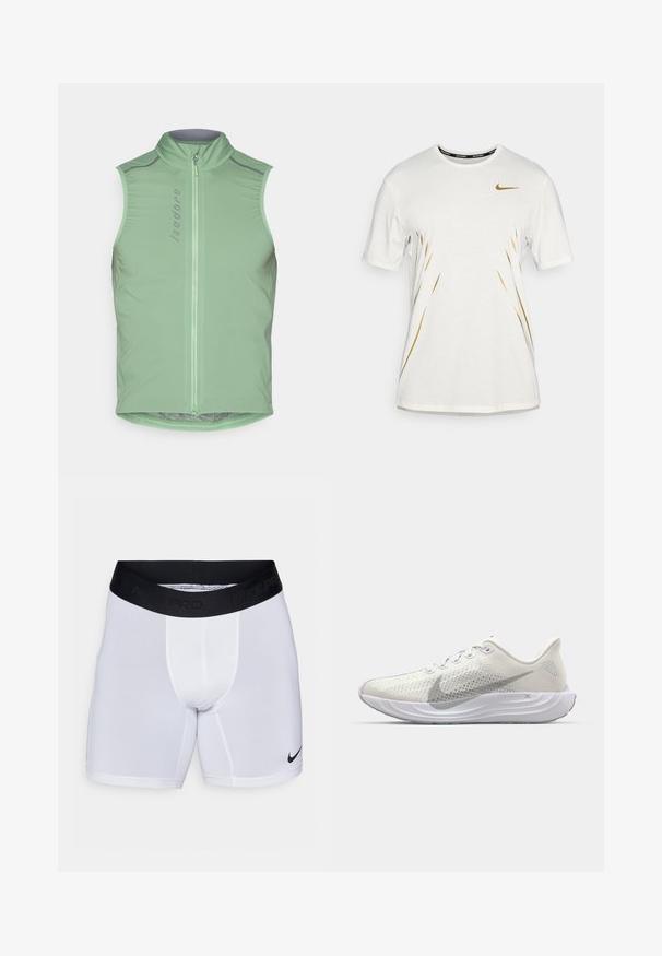 Gilet de cyclisme sans manches en vert clair, avec un col haut et une fermeture éclair sur le devant. Comprend des accents réfléchissants et une coupe ajustée. Tissu léger et lisse.; T-shirt blanc à manches courtes avec des lignes dorées et un logo Nike noir sur la poitrine. Fabriqué en tissu texturé. Encolure ronde.; Shorts de sport blancs avec une ceinture élastique noire portant le texte "NIKE PRO". Comprend un logo Nike swoosh noir sur le côté inférieur droit.; Chaussure de sport blanche avec une tige en maille respirante, un swoosh texturé, une semelle rembourrée et un accent gris subtil sur le côté. Design léger.