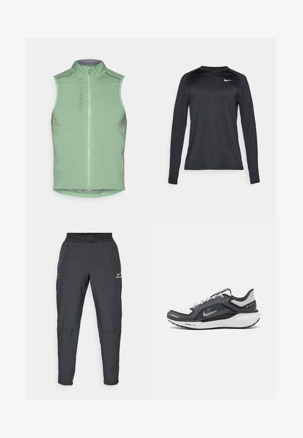 Sleeveless cycling vest in light green, with a high collar and front zipper. Features reflective accents and a fitted design. Smooth, lightweight fabric.; Long-sleeve black athletic shirt made of a smooth, stretchy material. Features a subtle textured design and a small white logo on the chest.; Nike Pro pants in dark gray, featuring a black elastic waistband with "PRD" and "NIKE PRO" text, smooth fabric, tapered design, and subtle stitching details.; Black and gray athletic shoe with a mesh upper, reflective accents, and a white midsole. Features textured rubber outsole and laces.