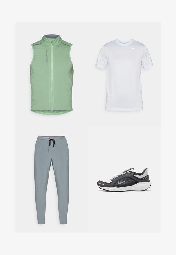 Bezrukávová cyklistická vesta světle zelené barvy, s vysokým límcem a předním zipem. Obsahuje reflexní prvky a má přiléhavý střih. Hladká, lehká tkanina.; Nike Performance TEE NEW VENEER - Sportovní tričko - football grey/pure/white; Šedé sportovní kalhoty s úzkým střihem, elastickým pasem, šňůrkou a jemným logem Nike. Vyrobené z lehkého, hladkého materiálu.; Černá a šedá sportovní obuv s vrškem z prodyšné síťoviny, reflexními akcenty a bílou mezipodešví. Obsahuje texturovanou gumovou podrážku a tkaničky.