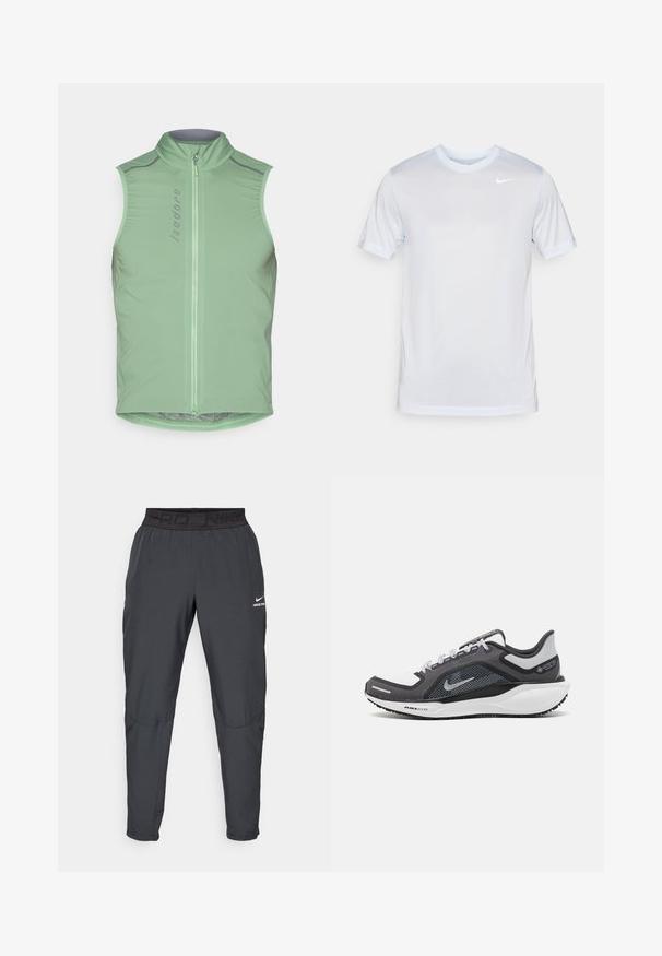Ærmeløs cykelvest i lys grøn med høj krave og lynlås foran. Har reflekterende detaljer og en tætsiddende pasform. Glat, letvægtsstof.; Nike Performance TEE NEW VENEER - Sports T-shirts - football grey/pure/white; Nike Pro bukser i mørkegrå, med et sort elastisk bånd i livet med "PRD" og "NIKE PRO" tekst, glat stof, tætsiddende design og subtile syningsdetaljer.; Sort og grå atletisk sko med en mesh-overdel, reflekterende detaljer og en hvid mellemsål. Har en tekstureret gummisål og snørebånd.