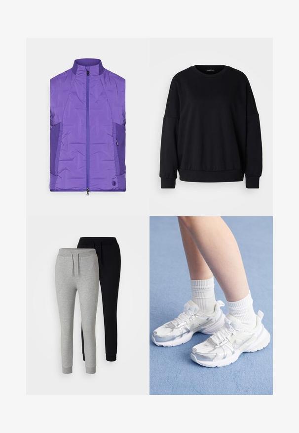 Lila, ärmellose gepolsterte Jacke mit hohem Kragen, ausgestattet mit einem Frontreißverschluss und kontrastierenden strukturierten Seitenpaneelen.; Schwarzes Sweatshirt mit Rundhalsausschnitt, lässiger Passform, überschnittenen Schultern, gerippte Bündchen und einer texturierten Stoffoberfläche. Minimales Design ohne Muster.; Zwei Paar Jogginghosen: eine graue mit weichem Textur und elastischem Bund, eine schwarze mit ähnlichem Design, beide mit schmal zulaufenden Beinen.; Weiße Sportschuhe aus Mesh und synthetischen Überzügen mit einem silbernen Nike-Swoosh, kombiniert mit gerippten weißen Socken auf einer blauen Fläche.
