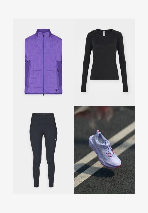 Violeta, bez piedurknēm, ar polsterējumu un augstu apkakli, ar priekšējo rāvējslēdzēju un kontrastējošām teksturētām sānu paneļiem.; Melna garām piedurknēm krekls, izgatavots no mīksta auduma. Iekļauj apaļu kakla izgriezumu un raglan piedurknes ar caurumiem īkšķiem pie aprocēm. Minimalistisks dizains.; ASICS ROAD HIGH WAIST - Pieguļošas ziemas bikses - performance black; Gaiši violeta skriešanas apavi ar teksturētu virsmas materiālu, rožīgu akcentu, apaļu šņorēšanas mehānismu un punktētu zoli, izbīdīti virs asfalta fona.