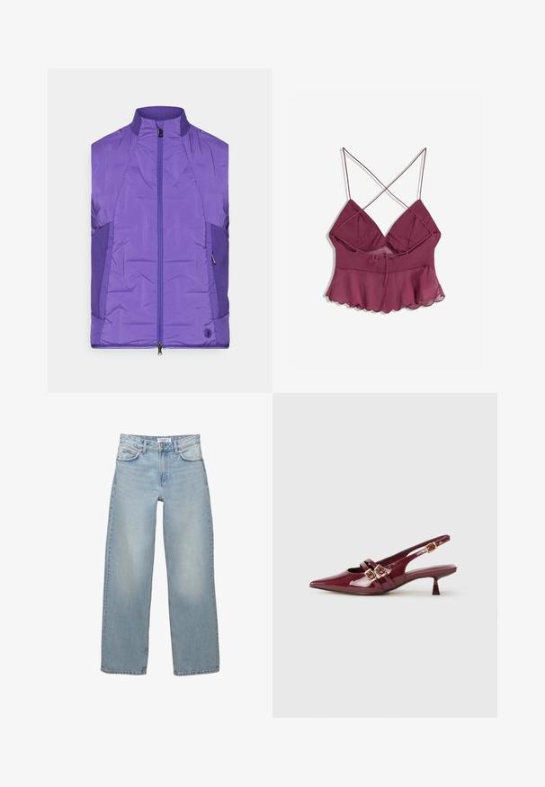 Ljubičasti bezrukavni jastučić s visokim ovratnikom, s prednjim zatvaračem i kontrastnim teksturiranim bočnim panelima.; Burgundijska s tangama, s lepršavim rubom, s laganim, prozirnim premazom i detaljem za vezanje sprijeda za prilagodljivu veličinu.; Svijetloplave, široke traperice od denima. Imaju klasičan dizajn s pet džepova i zatvaranje na gumba i patentni zatvarač.; Burgundska salonska cipela od lakirane kože s šiljastim vrhom, dva ravna remena s zlatnim kopčama i malom petom.