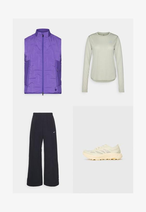 Giacca senza maniche imbottita di colore viola con colletto alto, dotata di zip frontale e pannelli laterali a trama contrastante.; Camicia a maniche lunghe di colore verde chiaro, realizzata in tessuto testurizzato, con scollatura rotonda e un piccolo logo sull'area sinistra del petto.; Pantaloni neri a gamba larga con cintura elastica e un piccolo logo Nike bianco. Il tessuto ha una texture liscia, progettata per il comfort e l'abbigliamento casual.; Sneaker atletica color beige chiaro con tomaia traslucida, suola spessa e ammortizzata, lacci laterali e logo Vibram suola esterna.