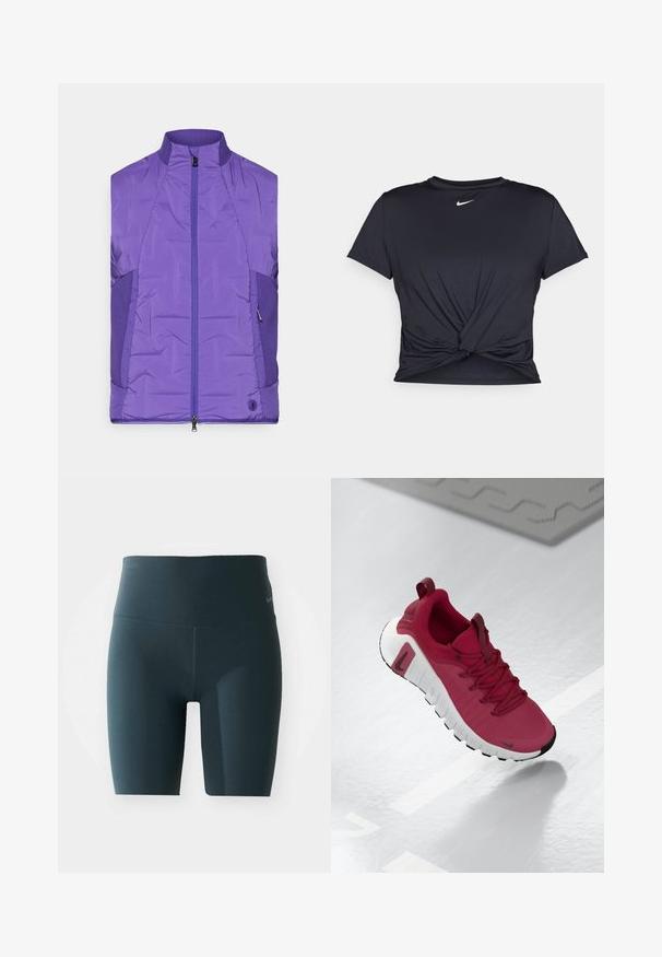 Fialová, bezrukávová zateplená bunda s vysokým límcem, se zapínáním na předním díle a kontrastními strukturovanými bočními panely.; Černé sportovní tričko vyrobené z hladkého materiálu, s uzlovým designem vpředu a malým bílým logem Nike na hrudi.; Vysoké legíny po kolena ve tmavě šedé barvě s hladkým povrchem; obsahují malé logo blízko pásku.; Červená sportovní obuv s texturovaným svrškem, tkaničkami a silnou bílou podrážkou. Obsahuje kontrastní černou špičku a logo na boku.
