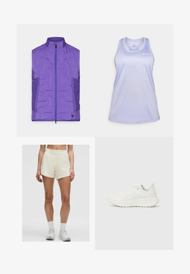Lila, ärmellose gepolsterte Jacke mit hohem Kragen, ausgestattet mit einem Frontreißverschluss und kontrastierenden strukturierten Seitenpaneelen.; Hellblaues Nike-Trägershirt mit rundem Ausschnitt, dünnen Trägern und atmungsaktivem Material. Mit Nike-Logo auf der Brust.; Cremefarbene Sportshorts mit elastischem Bund und Seitentaschen. Der Stoff wirkt glatt und leicht, geeignet für aktive Freizeitbekleidung.; Weiße Sportschuhe mit einer strukturierten Oberseite, gepolstertem Schuhkragen und Schnürverschluss. Verfügt über eine gebogene Außensohle und dezente Markenkennzeichnung an der Seite.