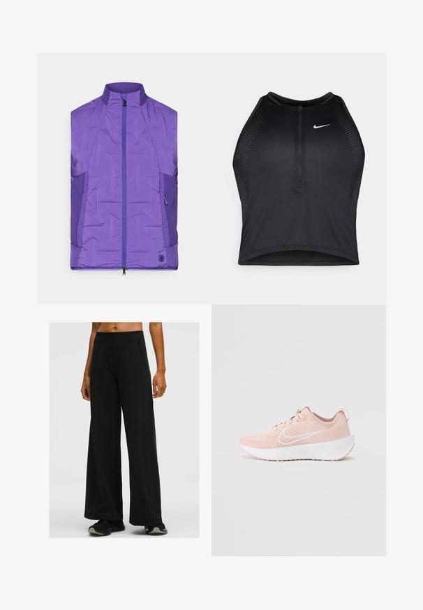 Fialová bezrukávová prešívaná bunda s vysokým golierom, so zapínaním na zips vpredu a kontrastnými textúrovanými bočnými panelmi.; Čierny športový crop top so zipsom vpredu, sieťovými prvkami a priliehavým strihom. Vyrobený z pružného, priedušného materiálu. Logo Nike na prednej strane.; Čierne široké nohavice vyrobené z hladkej, elastickej látky. Obsahujú bočné zipsové vrecká a vysoký pás s viditeľnými švíkami.; Svetloružová športová obuv s priedušným sieťovým zvrškom, bielym logom Nike a hrubou bielou podrážkou. Obsahuje textúrované šitie a šnúrky.