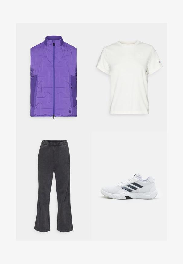 Purple, sleeveless padded jacket with a high collar, featuring a front zipper and contrasting textured side panels.; White short-sleeve cotton T-shirt with a crew neckline and a small logo on the upper left chest. Soft texture and standard fit.; Flared sweatpants in dark gray fabric with a soft texture. Features an elastic waistband and an embroidered logo on the side.; White athletic shoe with mesh upper, three black stripes on the side, textured accents, and a sturdy rubber sole with a contrasting black section.