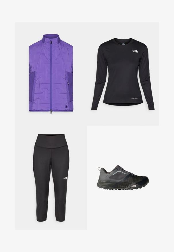 Casaco acolchoado sem mangas roxo com uma gola alta, apresentando um fecho éclair frontal e painéis laterais texturizados contrastantes.; The North Face SHADOW LONG SLEEVE - Camisola de manga comprida - black; Leggings capri pretos feitos de um tecido elástico, com uma cintura alta e um pequeno logótipo branco no lado esquerdo. Textura suave.; Shoe de trail running em cinza escuro com detalhes em preto, apresentando um cabedal em malha, sola texturizada e um logótipo proeminente na lateral.