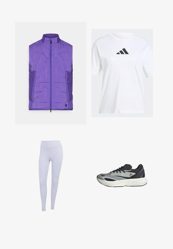 Fialová bezrukávová prešívaná bunda s vysokým golierom, so zapínaním na zips vpredu a kontrastnými textúrovanými bočnými panelmi.; Biely bavlnený tričko s čiernym logom Adidas v trojuholníkovom dizajne na hrudi, s krátkymi rukávmi a voľným strihom.; Svetlofialové legíny vyrobené z elastického materiálu. Vysoký pás s hladkou textúrou a bez viditeľných švov alebo vzorov.; Bežecké topánky s hornou časťou z šedé a čierneho sieťového materiálu, geometrickými pretáčkami, hrubou bielou podrážkou a textúrovanými akcentmi. Viditeľné logo "LIGHTSTRIKE".