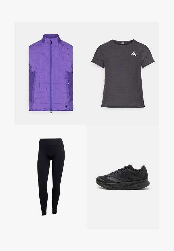 Fioletowa, bezrękawnikowa kurtka ocieplana z wysokim kołnierzem, z zamkiem błyskawicznym z przodu i kontrastującymi teksturowanymi panelami bocznymi.; Koszulka sportowa z krótkim rękawem, ciemnoszara z perforowaną teksturą. Posiada białe logo oraz kontrastowe paski po bokach. Okrągły dekolt.; Czarne legginsy sportowe z elastycznego materiału, z wysokim stanem, dopasowanym krojem i prążkowanymi mankietami na kostkach. Dyskretne logo marki.; Czarna sportowa buty do biegania z oddychającą siateczką, zaokrąglonym noskiem, eleganckim designem, teksturowanymi akcentami oraz amortyzowaną podeszwą dla wygody.