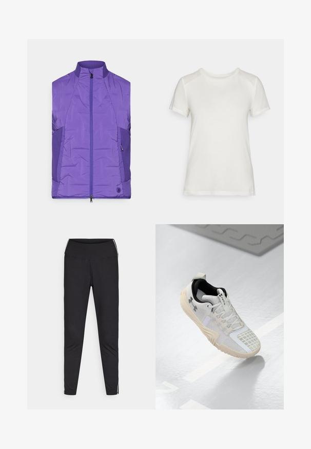 Casaco acolchoado sem mangas roxo com uma gola alta, apresentando um fecho éclair frontal e painéis laterais texturizados contrastantes.; T-shirt branco de manga curta feito de um tecido suave, com um decote redondo e um corte descontraído, apresentando acabamentos nos ombros lisos e sem costura.; Leggings pretos feitos de tecido elástico. Cintura alta, ajuste justo, com riscas brancas nas costuras exteriores. Textura suave.; Shoe atlético branco com um upper de malha texturizada, interior preto e sola de borracha bege com um padrão de aderência. Acentuado por detalhes subtis.