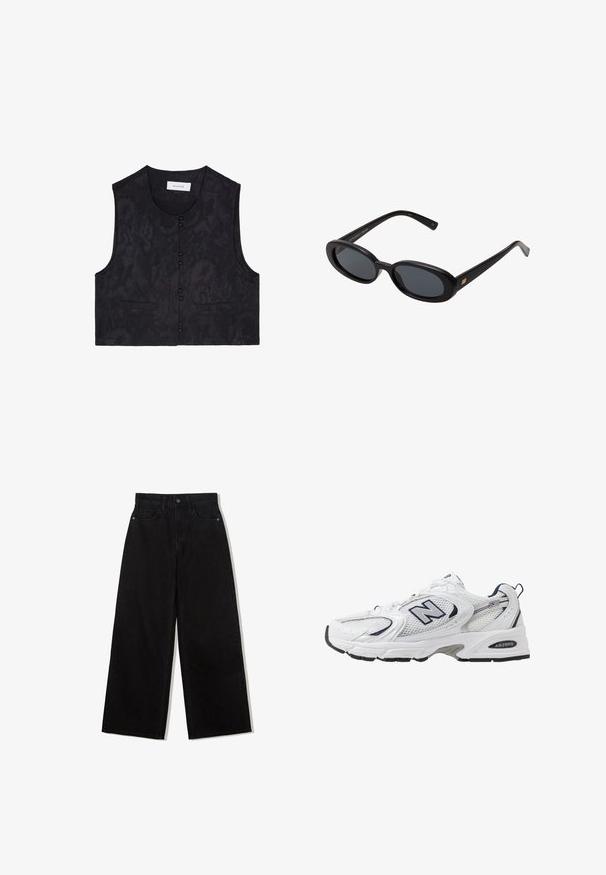 Sort ærmeløs vest med et tekstureret stof, der har seks frontknapper og to frontlommer. Simpel, cropped design. Ingen krave.; Spidslange ærmer top i dyb burgunder, med off-shoulder design, blomster mønstre og en let gennemsigtig tekstur med en lige søm.; Sorte, vidde jeans lavet af denim med høj talje, med en fem-lomme design og en enkelt knaplukning foran.; Hvide sportsko med netoverdel, marineblå detaljer og polstret sål. Har "N" logo, snørebånd og struktureret detalje på siden.; Store store