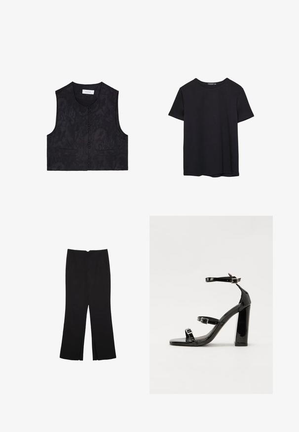 Sort ærmeløs vest med et tekstureret stof, der har seks frontknapper og to frontlommer. Simpel, cropped design. Ingen krave.; Simpel sort kortærmet bomulds T-shirt med rund hals, præsenteret på en hvid baggrund.; Sorte bukser med lige pasform, der har frontlommer og slidser i kanten. Lavet af blødt, glat stof. Velegnet til forskellige anledninger.; Sorte laklædersandaler med høje hæle, to spænderemme, firkantet tå og en kraftig blokhæl, der har en glat, blank overflade.