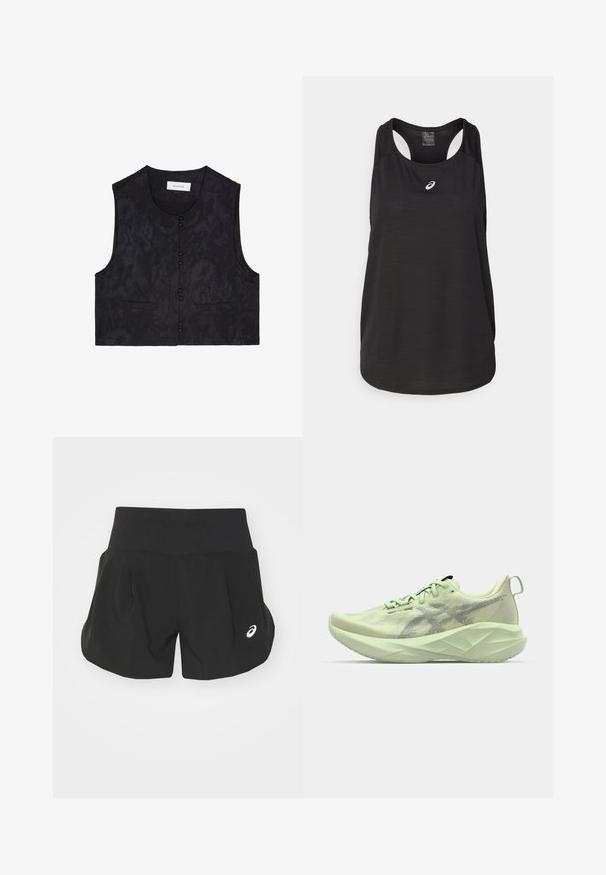 Sort ærmeløs vest med et tekstureret stof, der har seks frontknapper og to frontlommer. Simpel, cropped design. Ingen krave.; Sort atletisk tanktop lavet af letvægtsstof. Har en rund halsudskæring, racerback-design og et lille hvidt logo foran.; Sorte atletiske shorts med en bred talje, plisseret design og et lille hvidt logo på nederste venstre side. Blødt, let materiale.; Lys grøn sportssko med en mesh-overdel, strukturerede detaljer og en tyk, vinklet sål for forbedret polstring og støtte.
