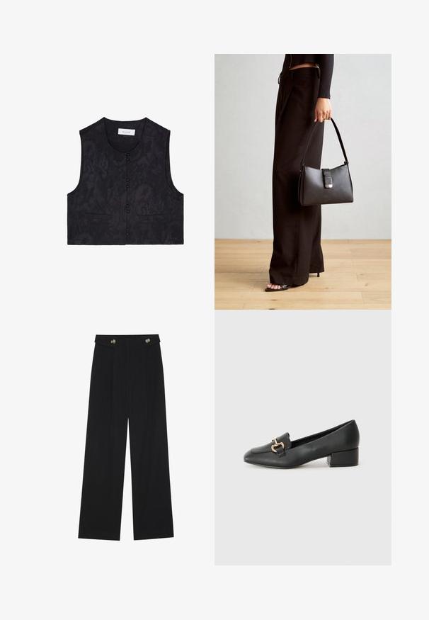 Schwarze ärmellose Weste aus einem strukturierten Stoff, mit sechs Knöpfen an der Vorderseite und zwei Vorderseitentaschen. Schlichtes, kurzes Design. Kein Kragen.; Schwarzes Oberteil mit kurzen, durchsichtigen Rüschensäumen, Rundhalsausschnitt und einem weichen, glatten Stoff. Schlichtes Design ohne zusätzliche Muster oder Akzente.; Schwarze weite Hosen mit hoher Taille, Knopfdetails am Bund und vorderen Falten.; Schwarze Lederloafers mit flachem Absatz, die auf der Vorderseite ein dekoratives goldfarbenes Hardware-Detail und eine glatte Textur aufweisen.; Schwarze Handtasche mit strukturierter Form, glatter Textur und einem metallischen Verschluss. Kombiniert mit weiten schwarzen Hosen und offenen Sandalen auf einem Holzboden.
