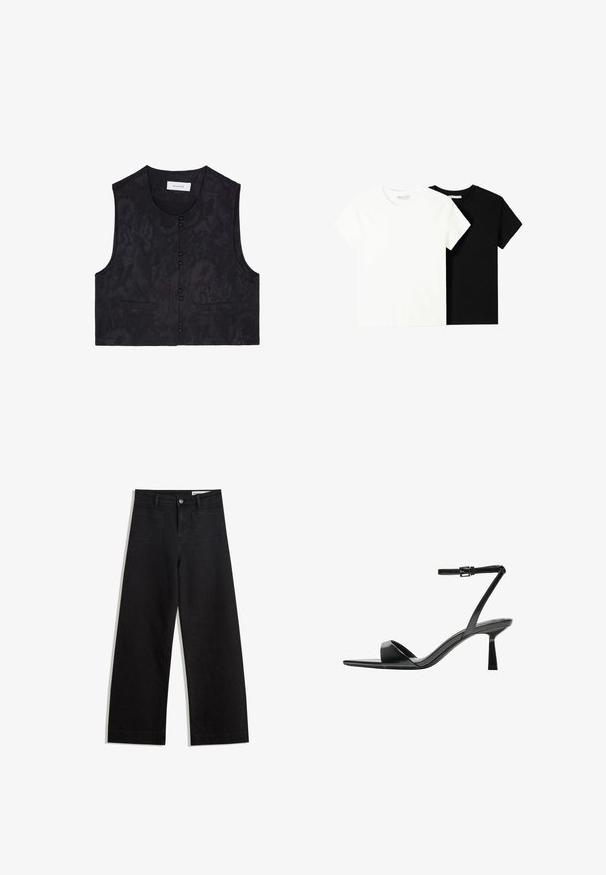 Schwarze ärmellose Weste aus einem strukturierten Stoff, mit sechs Knöpfen an der Vorderseite und zwei Vorderseitentaschen. Schlichtes, kurzes Design. Kein Kragen.; Zwei kurzärmelige T-Shirts, eines weiß und eines schwarz, aus Baumwolle. Beide haben einen runden Halsausschnitt und ein einfaches, klassisches Design.; Schwarze weit geschnittene Jeans mit hoher Taille, ausgestattet mit Vorder- und Hintertaschen, gesteppten Nähten und einem Knopfverschluss. Glatte Textur.; Bershka High Heel Sandalette - black
