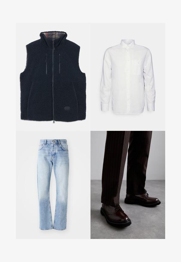 Marinblå fleeceväst med en mjuk, texturerad utsida, full dragkedja fram, två dragkedjefickor och ett rutigt foder i kragen. Logotypmärke på framsidan.; Långärmad vit skjorta gjord av bomull, med krage som knäpps med knappar, framficka och normal passform. Strukturerad tyg med en slät yta.; Ljusblå denimjeans med rak benform. Har en femficksdesign, knappgylf och blekt utseende mot botten.; Bruna läder snörskor med en glänsande yta, svart gummisula och subtila sömmar. Matchas med bruna byxor med ränder.