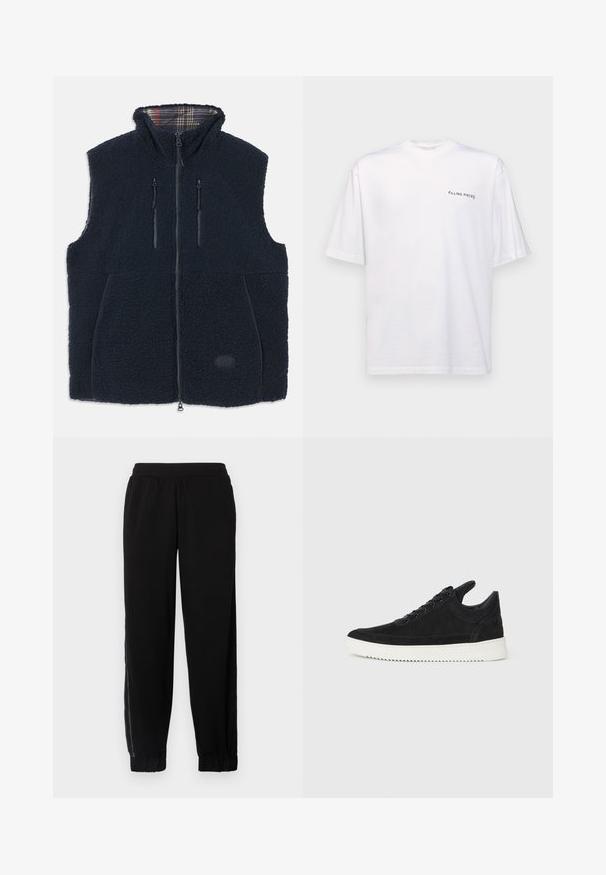 Jūrininkų vilnos liemenė su minkšta, tekstūruota išore, visiškai užtraukiama priekyje, dviem užtrauktukais uždaromomis kišenėmis ir karoliuko pamušalu apykaklėje. Logotipo pleistras priekyje.; Baltas trumpas rankovės marškinėliai iš medvilnės su v-kaklu, su juodu "FILLING PIECES" logotipu, spausdintu kairėje pusėje.; Juodos jogger tipo kelnės, pagamintos iš minkštos medžiagos, su elastinga juosmens juosta, pūkuotais užbaigimais ir šoninėmis tinklinėmis panelėmis papildomam ventiliavimui.; Juodų suede sportbačių su balta gumine padu, su toniniais siuvinėjimais ir raištelių užsegimu. Sklandus paviršius su šiuolaikine, laiko forma.