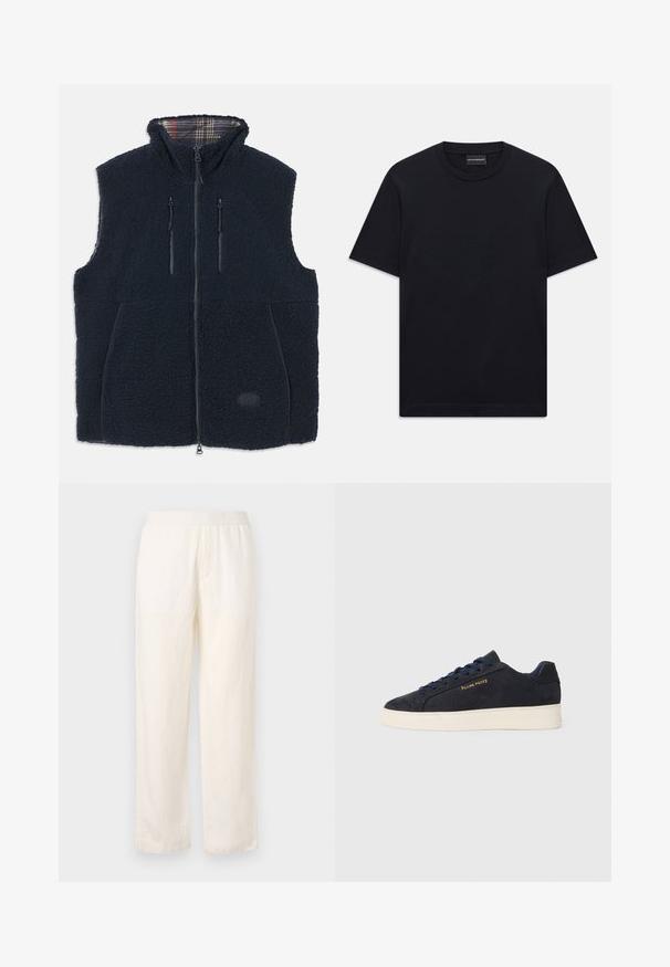 Jūrininkų vilnos liemenė su minkšta, tekstūruota išore, visiškai užtraukiama priekyje, dviem užtrauktukais uždaromomis kišenėmis ir karoliuko pamušalu apykaklėje. Logotipo pleistras priekyje.; Juoda trumpo rankovės marškinėliai su apvalia iškirpte, su subtiliu iškilniu logotipo dizainu viduryje krūtinės ir ženklu vidinėje apykaklės pusėje.; Lengvi, grietinėlės spalvos kelnių modelis su elastinga juosmens juosta, tiesiomis kojomis ir subtilia tekstūra. Nėra matomų kišenių.; Tamsiai mėlynos zomšos žemos batai su balta siaura, tamsiai mėlynais raišteliais ir auksiniu logotipu „Filling Pieces“ šone.