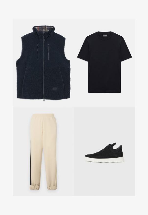 Jūrininkų vilnos liemenė su minkšta, tekstūruota išore, visiškai užtraukiama priekyje, dviem užtrauktukais uždaromomis kišenėmis ir karoliuko pamušalu apykaklėje. Logotipo pleistras priekyje.; Juoda trumpo rankovės marškinėliai su apvalia iškirpte, su subtiliu iškilniu logotipo dizainu viduryje krūtinės ir ženklu vidinėje apykaklės pusėje.; Kremo spalvos sportinės kelnės su juodomis šoninėmis juostelėmis, elastingu juosmeniu ir ribotu rankogaliu. Minkšta medžiaga, laisvas siluetas.; Juodų suede sportbačių su balta gumine padu, su toniniais siuvinėjimais ir raištelių užsegimu. Sklandus paviršius su šiuolaikine, laiko forma.