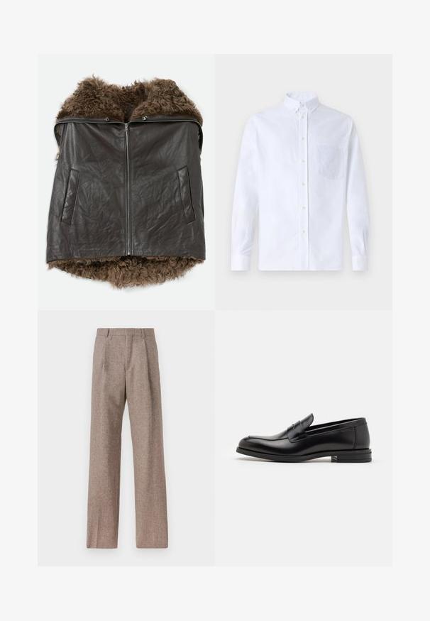 Tumši brūns ādas veste ar priekšējo rāvējslēdzēju, divām sānu kabatām un mīkstu, cirtainu kažokādu apdari, kas redzama apkaklē un malās.; Balts garo piedurknēm krekliņš ar pogām, izgatavots no kokvilnas, ar krūšu kabatu ar tonālu izšuvumu, apkakli un pogām pie piedurknēm.; Brūni, augstos šortos izgatavoti no teksturēta auduma. Iezīmē plašas kājas un divas priekšējās krokas, kas nodrošina struktūru. Kārtīga apdare bez redzamām detaļām.; Melnas ādas kurpes ar gludu tekstūru, noapaļu purngalu un dekoratīvu siksniņu pāri priekšpusei. Zems sakrauts papēdis, minimālisma dizains.