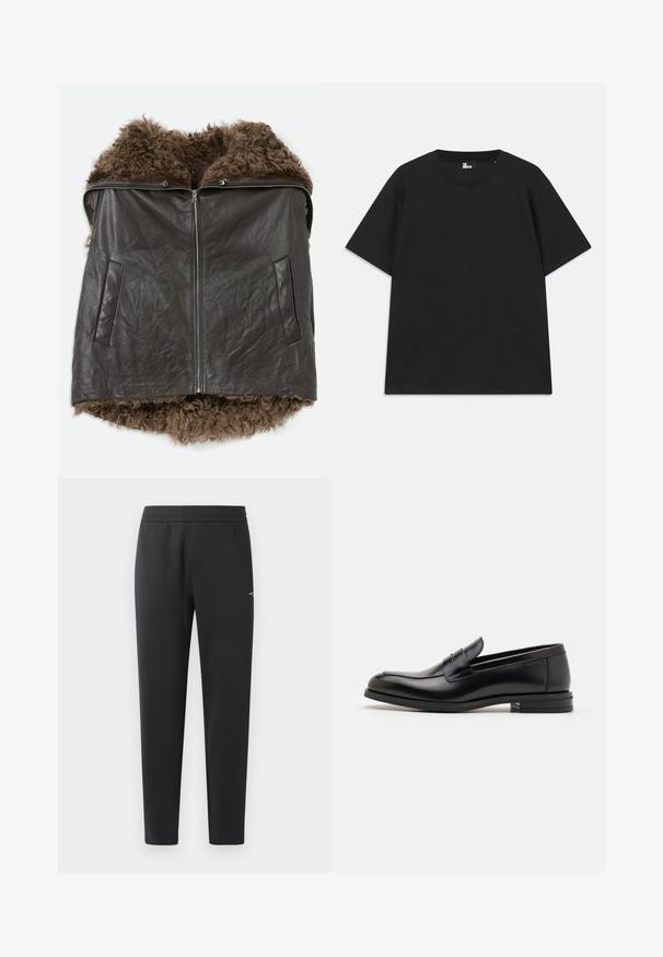 Dark brown leather vest with front zipper, two side pockets, and soft curly fur lining visible at collar and hem.; Black short-sleeve t-shirt made of cotton, featuring a round neckline and a small logo detail near the hem. Smooth texture, regular fit.; Black jogger pants made of soft fabric, featuring an elastic waistband, straight legs, and a single small logo detail on the side.; Black leather loafers with a smooth texture, rounded toe, and a decorative strap across the vamp. Low stacked heel, minimalist design.