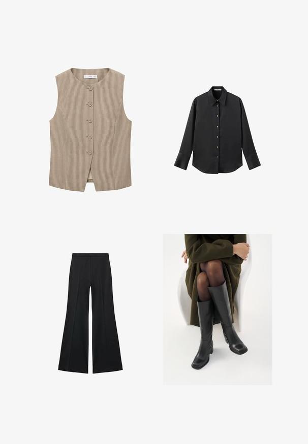 Béžová bezrukávová vesta s vertikálnymi pruhmi, piatimi prednými gombíkmi, okrúhlym výstrihom a rovný strih. Hladká textúra látky.; Čierna dlhá rukávová košeľa z hladkého materiálu, s klasickým golierom, predným zapínaním na gombíky so zlatými gombíkmi a širokými manžetami.; Čierne široké nohavice s hladkou textúrou, s prednými záhybmi a elegantným strihom. Materiál je ľahký a pruhlý.; Čierne kožené čižmy po kolená so štvrtým prstom a blokovým opätkom, zobrazené s modelom sediacim v olivovo zelenej bunde. Hladká textúra, minimálne detaily.