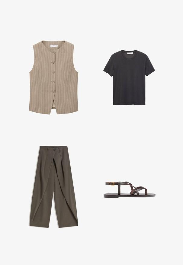 Bež prsluk bez rukava s vertikalnim prugama, pet prednjih dugmadi, okruglim izrezom i ravnim krojem. Glatka tekstura tkanine.; Crna majica s okruglim izrezom napravljena od mekanog pamuka. Kratki rukavi, opušteni kroj i ravni rub bez ukrasnih elemenata ili uzoraka.; Hlače širokog kroja izrađene od teksturirane tamnosive tkanine. Imaju prednji plis, kopčanje na gumb i bočne džepove za praktičnost.; Smeđe kožne sandale s iskrižanim trakama, umetkom za zapešće s kopčanjem i ravnim potplatom s minimalnim detaljima šivanja.