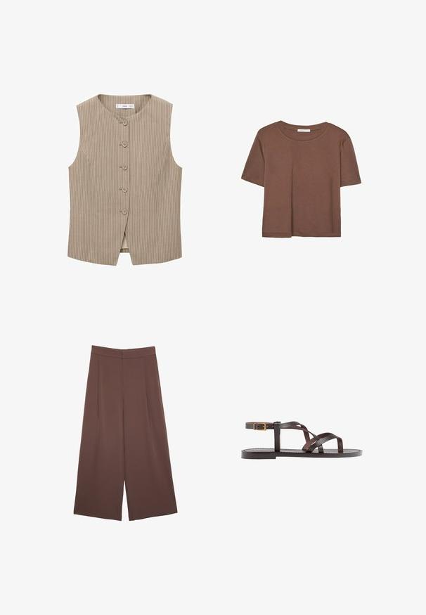 Béžová bezrukávová vesta s vertikálnymi pruhmi, piatimi prednými gombíkmi, okrúhlym výstrihom a rovný strih. Hladká textúra látky.; Hnedé tričko s krátkym rukávom vyrobené z jemného materiálu, s okrúhlym výstrihom a voľným strihom. Žiadne viditeľné vzory ani akcenty.; Hnedé nohavice so širokými nohavicami a hladkou textúrou, s vysokým pásom a prednými skladmi. Tkanina je ľahká a voľne sa pohybuje.; Hnedé kožené sandály s krížovými popruhmi, uzatváraním na pracku okolo členku a plochou podrážkou s minimálnymi ševmi.