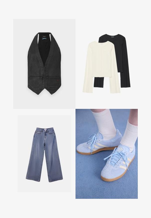 Juoda džinsinė liemenė be rankovių su gilia V formos iškirpte, dviem priekiniam kišenėm ir smailėjančiu apvadu, vidinėje apykaklės pusėje pažymėta "Replay".; Dviejų ilgomis rankovėmis marškinėlių rinkinys, baltas ir juodas. Raukšlėta tekstūra, apvalus kaklas, prigludusi forma su šiek tiek platėjančiomis rankovėmis.; Plati kojinės džinsai šviesiai mėlynu wash'u, turintys aukštą liemenį, priekiniais kišenėmis ir mygtukų užsegimu su diržo kilpomis.; Šviesiai mėlyni zomšiniai sportbačiai su baltais dryžiais, plokščiomis raištelėmis ir guminiais padais. Virš kulkšnies dėvimos raukšlėtos baltos kojinės.