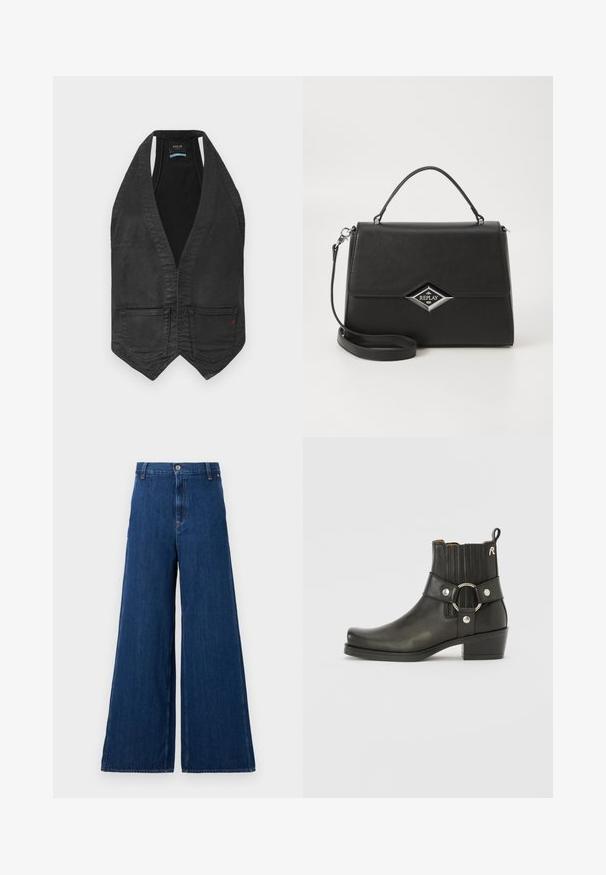 Colete sem mangas de denim preto com decote em V profundo, duas bolsos frontais e barra pontuda, etiquetado "Replay" dentro do colarinho.; Replay SQUARED NECK  - Camisola de manga comprida - red; Replay PANTS - Calças de ganga de perna direita - dark blue; Botim de tornozelo em couro preto com bico arredondado, lados elásticos canelados, um detalhe em forma de anel metálico e um salto baixo quadrado.; Bolsa de mão sintética preta com um design estruturado, alça superior, alça de ombro destacável e logotipo prateado em forma de diamante na parte da frente.