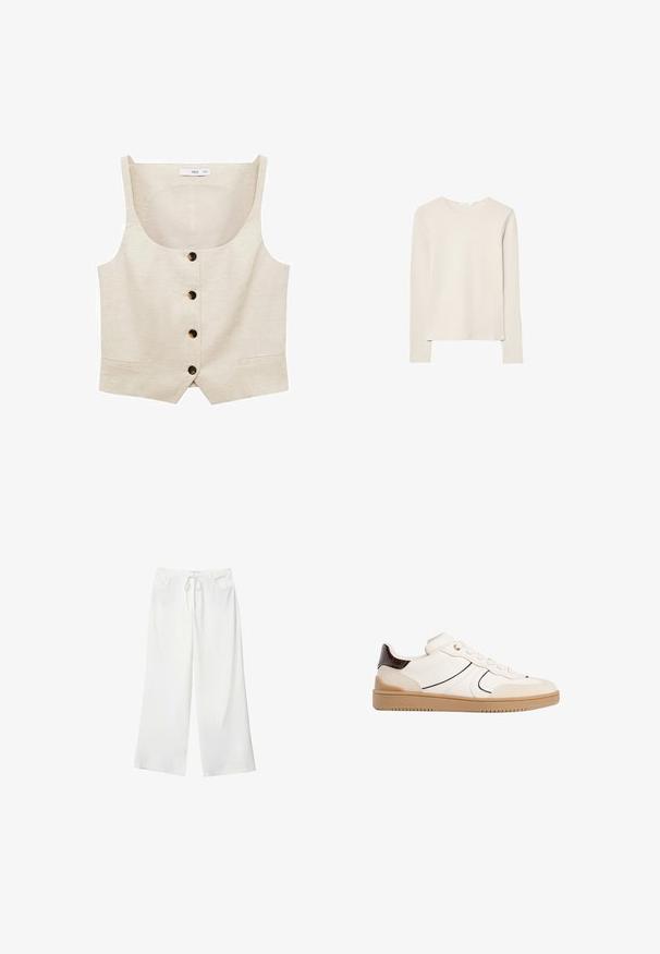 Beige sleeveless vest with square neckline, four dark buttons down the front, and small slit at the hem.; Light beige long-sleeve top made of soft fabric, featuring a round neck and a relaxed fit with straight hem and minimal stitching detail.; White wide-leg pants made of soft fabric, featuring a drawstring waist and two front pockets. Smooth texture and no visible patterns.; Stradivarius Trainers - white