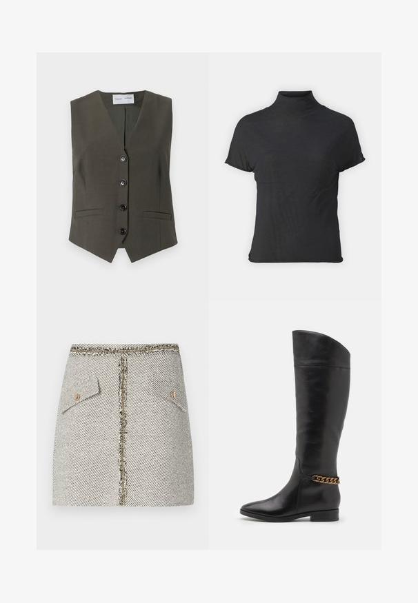 Olīvu zaļš bezpiedurkņu veste, izgatavota no teksturēta auduma, ar V veida kaklu, pieciem melniem pogām un divām priekšējām kabatām.; Melna īsa piedurkņu turtlenecka blūze, izgatavota no viegla auduma ar gludu tekstūru un pieguļošu formu, ar augstu kakla izgriezumu.; Auduma tīka svārki ar baltu un melnu ķīļveida rakstu, satur divas priekšējās kabatas un zelta krāsas rāvējslēdzēju aizmugurē ar saplēstiem malām.; Augstas melnas ādas zābaki ar plūstošu dizainu, pointētām purngalēm un zelta ķēdes akcentu ap potīti. Zems bloku papēdis. Gluda tekstūra.